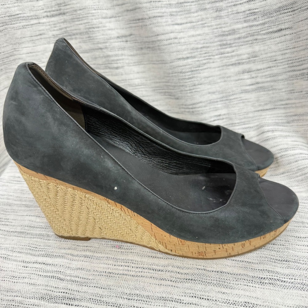 Cole Haan Black Suede Woven Platform Open Toe Cork‎ Espadrille Wedge Size 10